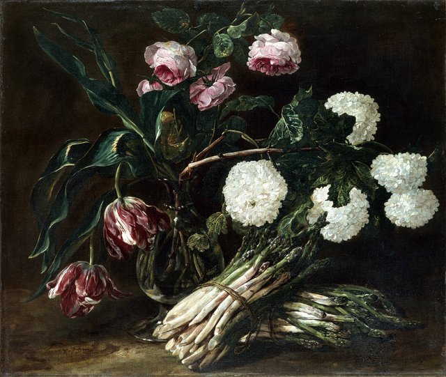 Vase of Flowers and two Bunch of Asparagus by Jan Fyt