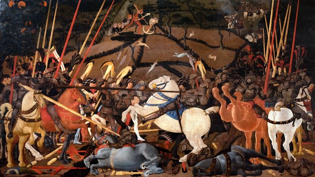 Niccolò Mauruzi da Tolentino unseats Bernardino della Ciarda at the Battle of San Romano by Paolo Uccello