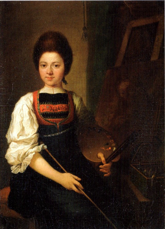Self-Portrait in the Traditional Costume of the Bregenz Forest, Seated at her Easel by Angelica Kauffmann