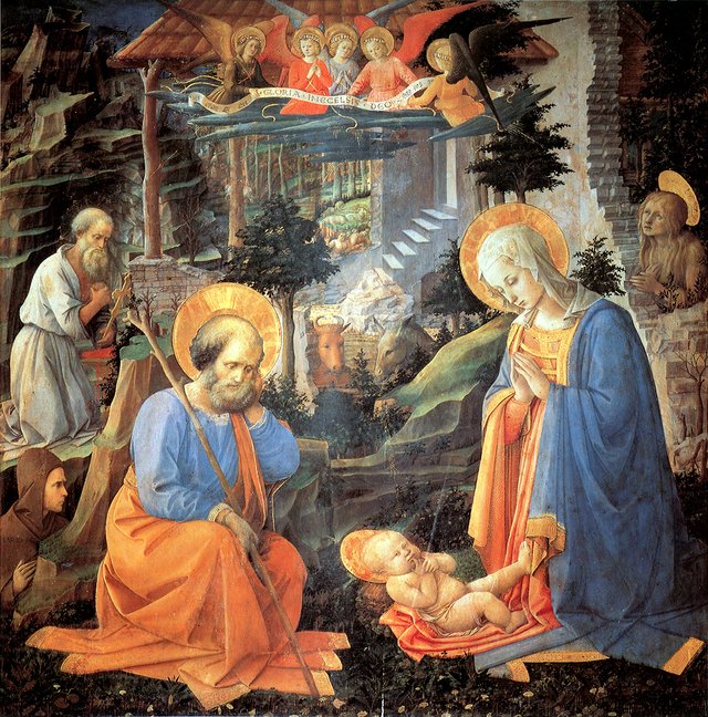 Adoration of the Child with SS. Joseph, Jerome, Hilarion, Magdalena and angels by Filippo Lippi