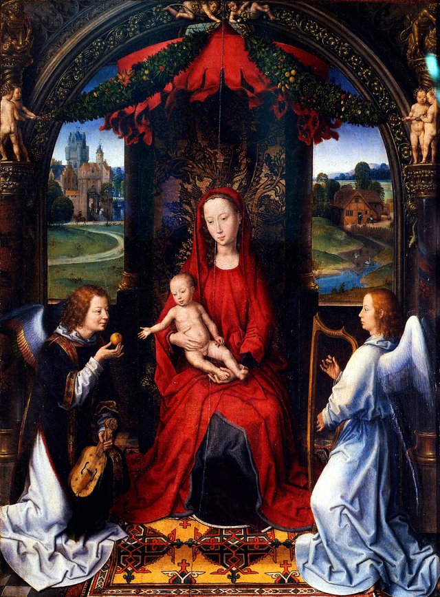 Madonna enthroned with child and two musical angels by Hans Memling