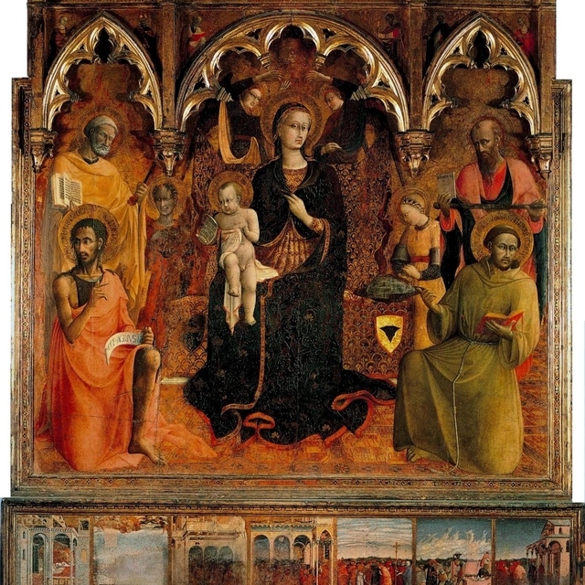 Madonna and Child with Angels, St. Peter, St. John The Baptist, St. Paul and St. Francis: The Story of the founding of the Basilica of Santa Maria Maggiore in Rome by Sassetta