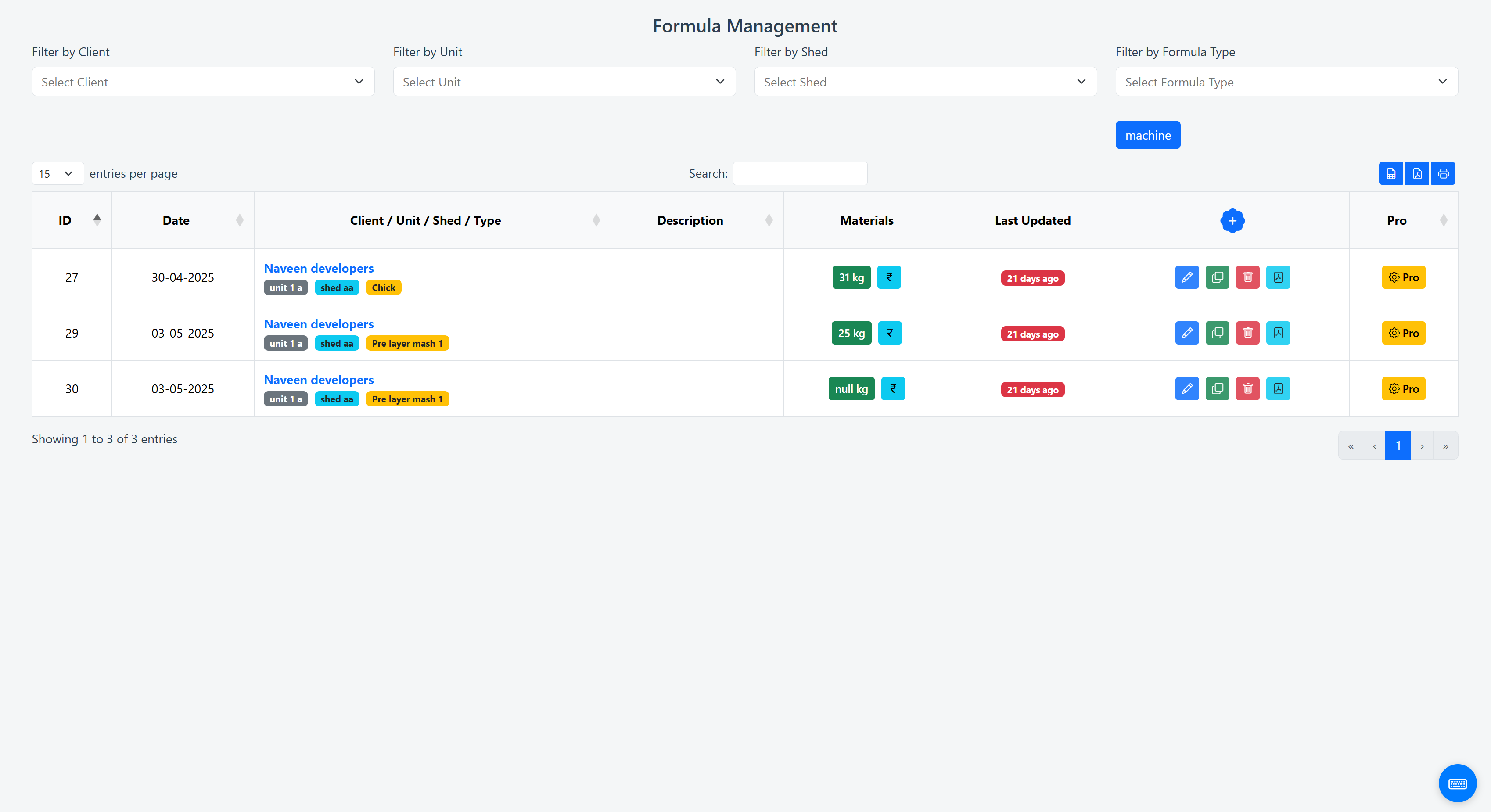 Feed Formula Entry Page