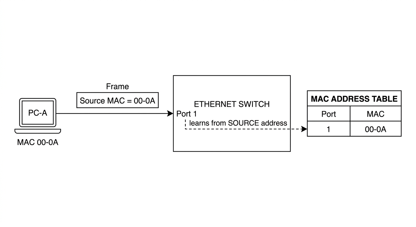 Switch học MAC: frame từ PC-A vào cổng 1, switch đọc Source MAC 00-0A, ghi vào bảng dòng "cổng 1 -> 00-0A". Mỗi frame đi vào dạy switch thêm một entry, hoàn toàn thụ động.
