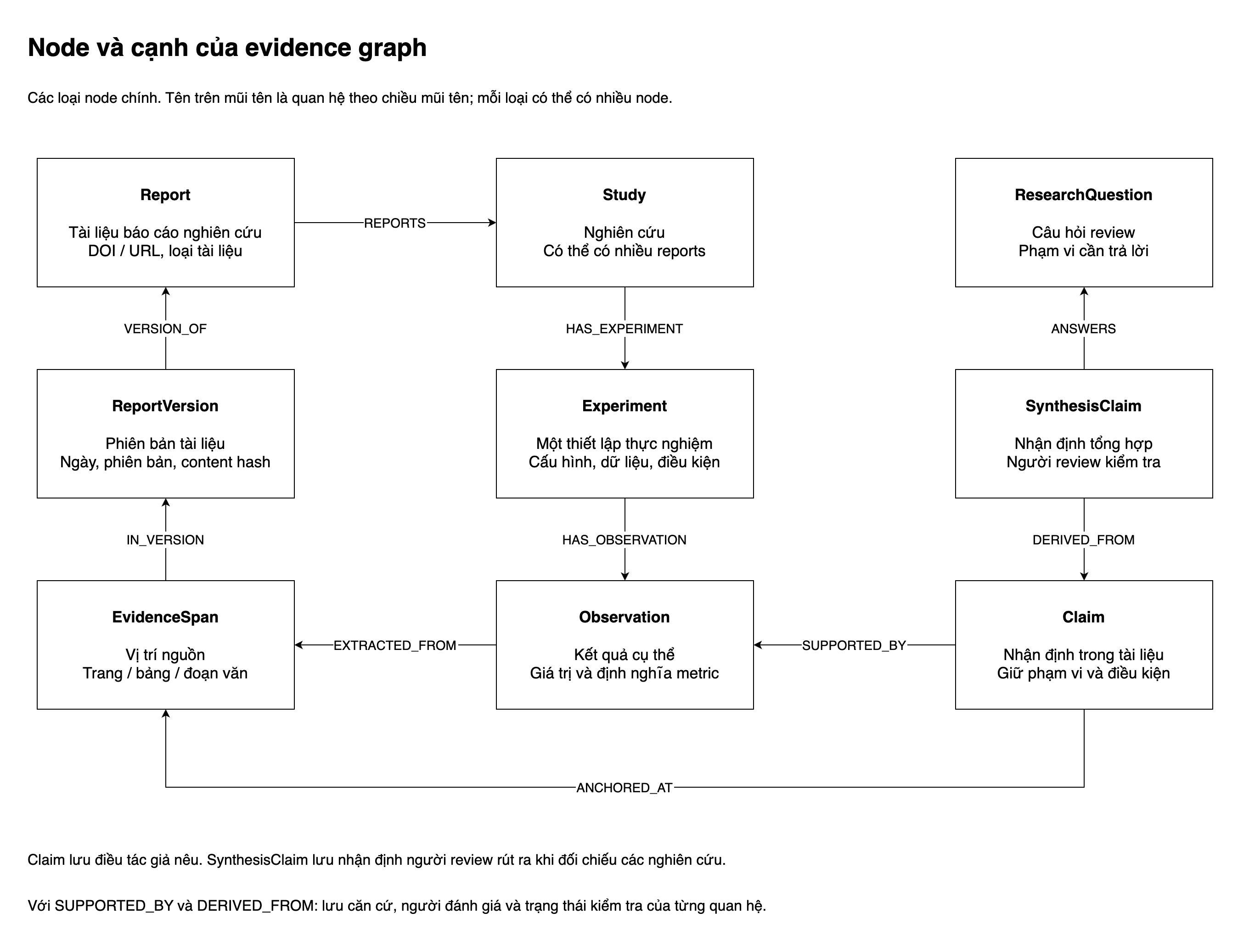 Evidence graph với Report, Study, Experiment, Observation, Claim, SynthesisClaim và EvidenceSpan