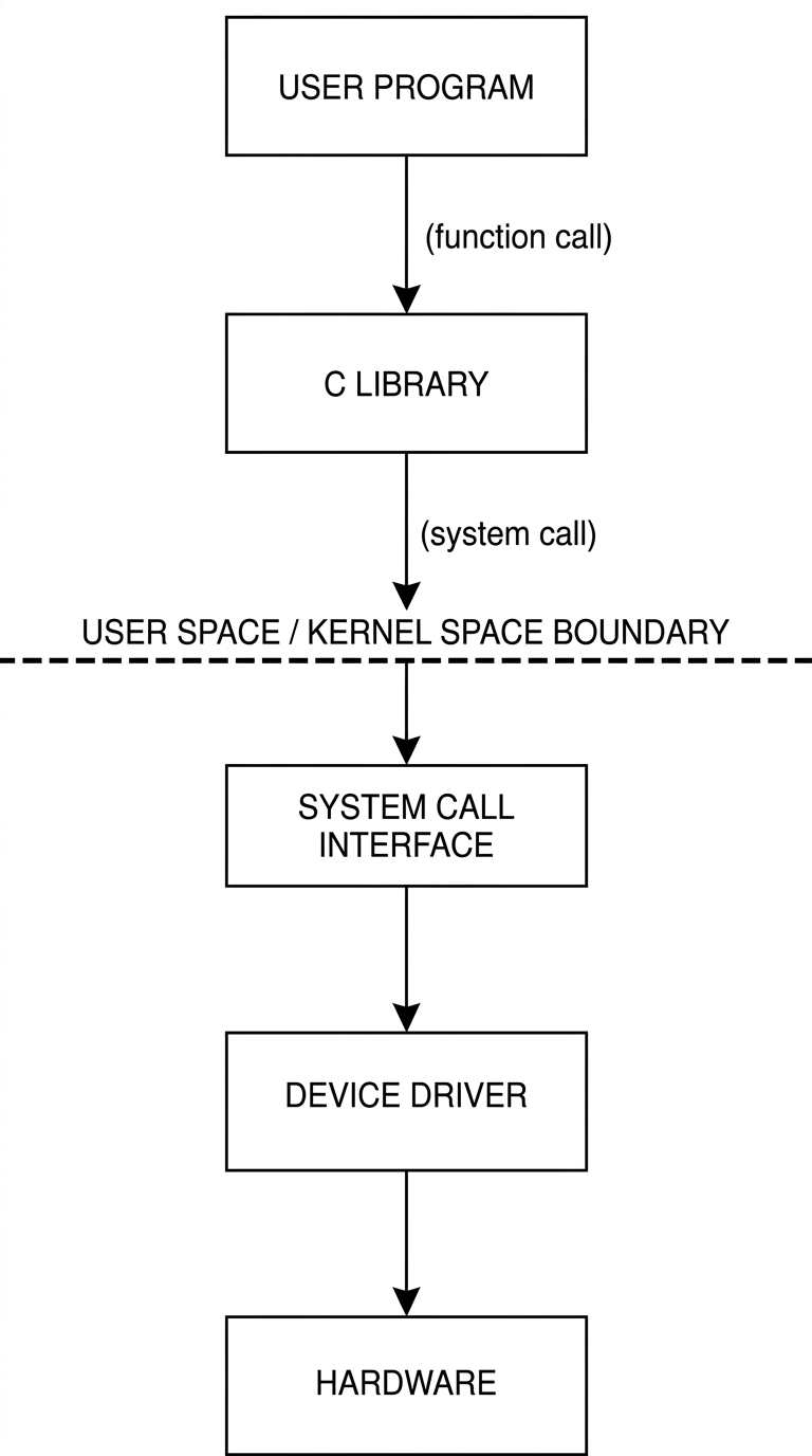 Luồng I/O của Linux từ trên xuống: User Program gọi C Library qua function call, C Library gọi xuống kernel qua system call, vượt qua ranh giới user space / kernel space tới System Call Interface, rồi Device Driver, rồi mới chạm Hardware