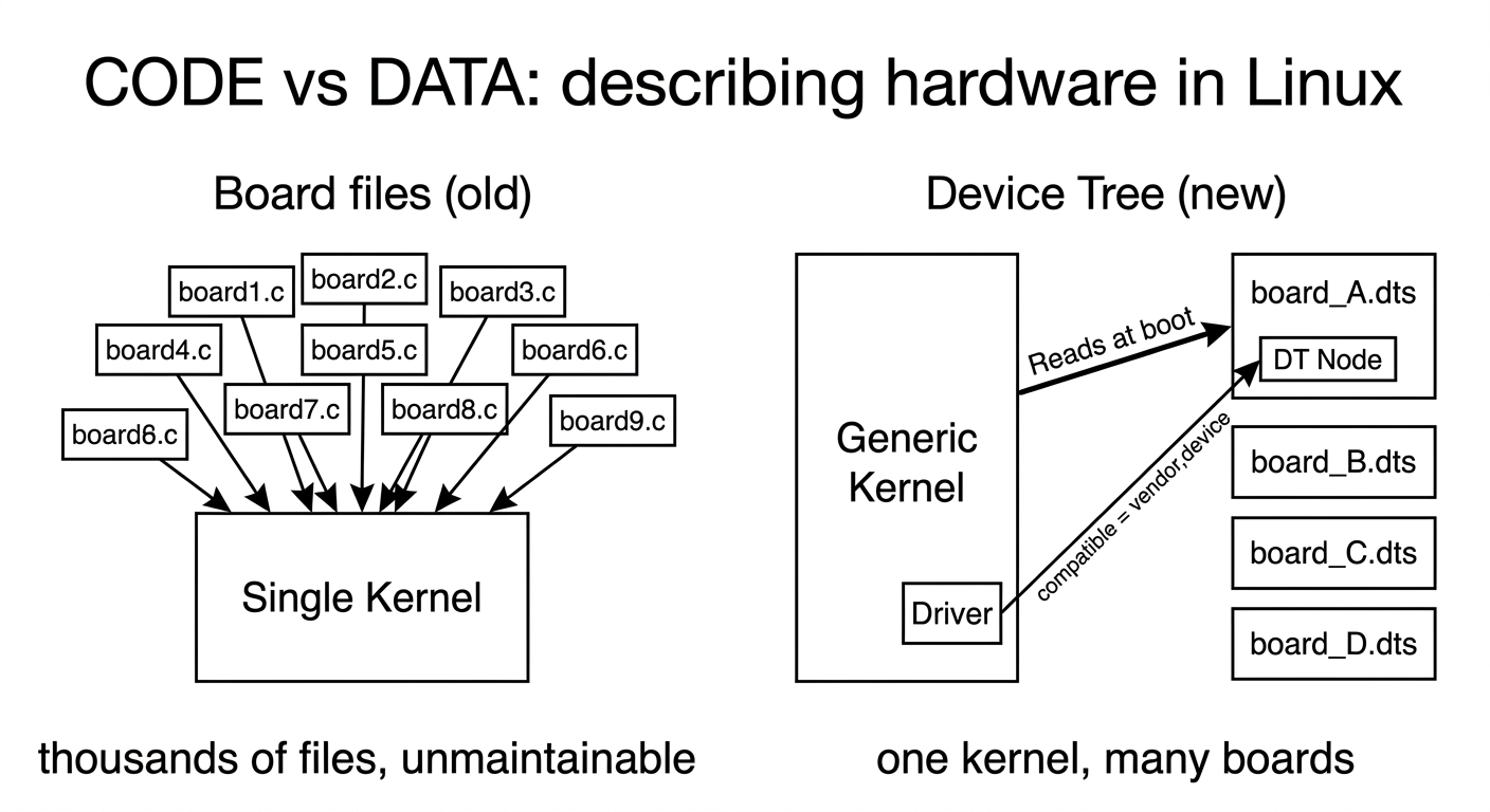 Code vs Data trong cách mô tả phần cứng: board files đời cũ là hàng nghìn file C compile thẳng vào một kernel (không maintain nổi); Device Tree đời mới là một kernel generic đọc các file .dts dạng data lúc boot, ghép driver với node qua chuỗi compatible - một kernel chạy nhiều board