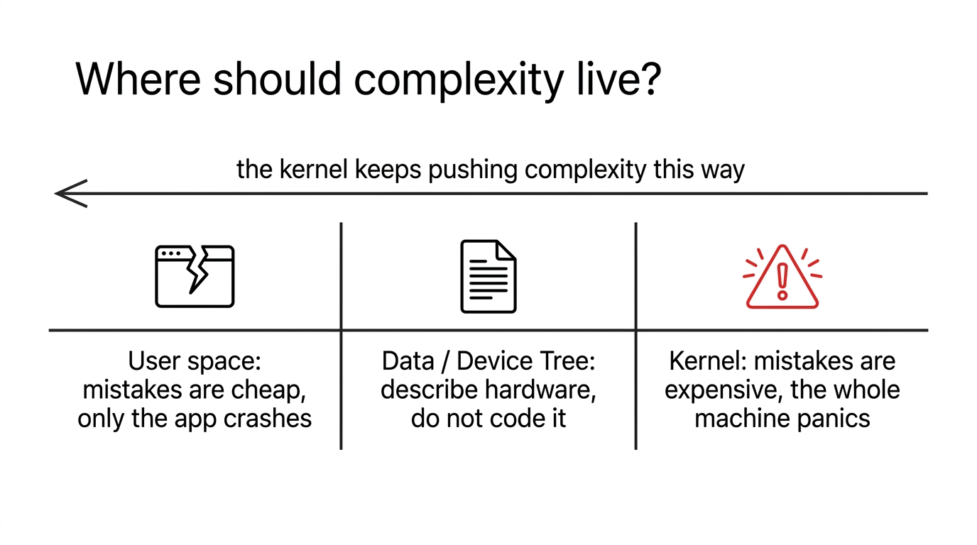Độ phức tạp nên nằm ở đâu: trục từ trái sang phải - User space (sai lầm rẻ, chỉ crash app), Data/Device Tree (mô tả phần cứng thay vì code), Kernel (sai lầm đắt, cả máy panic). Mũi tên cho thấy kernel liên tục đẩy độ phức tạp về phía trái