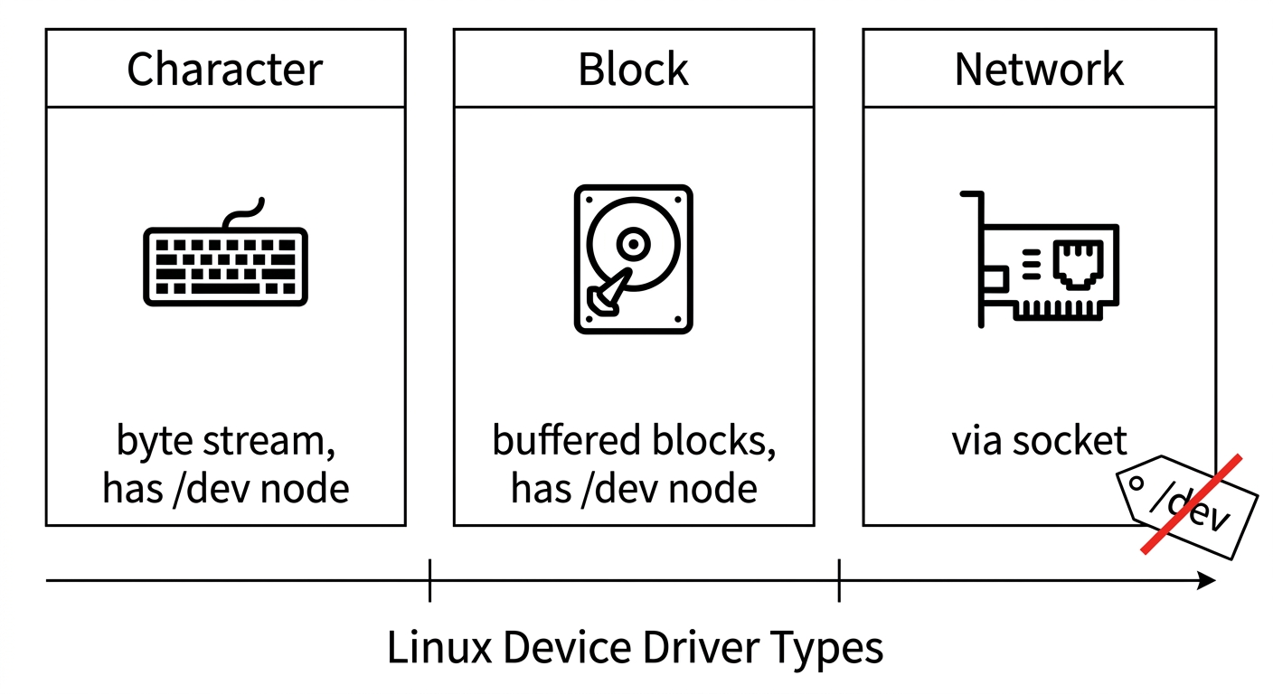 Ba loại device driver của Linux: Character (byte stream, có /dev node), Block (buffered blocks, có /dev node), và Network (truy cập qua socket, KHÔNG có /dev node - cái ngoại lệ)