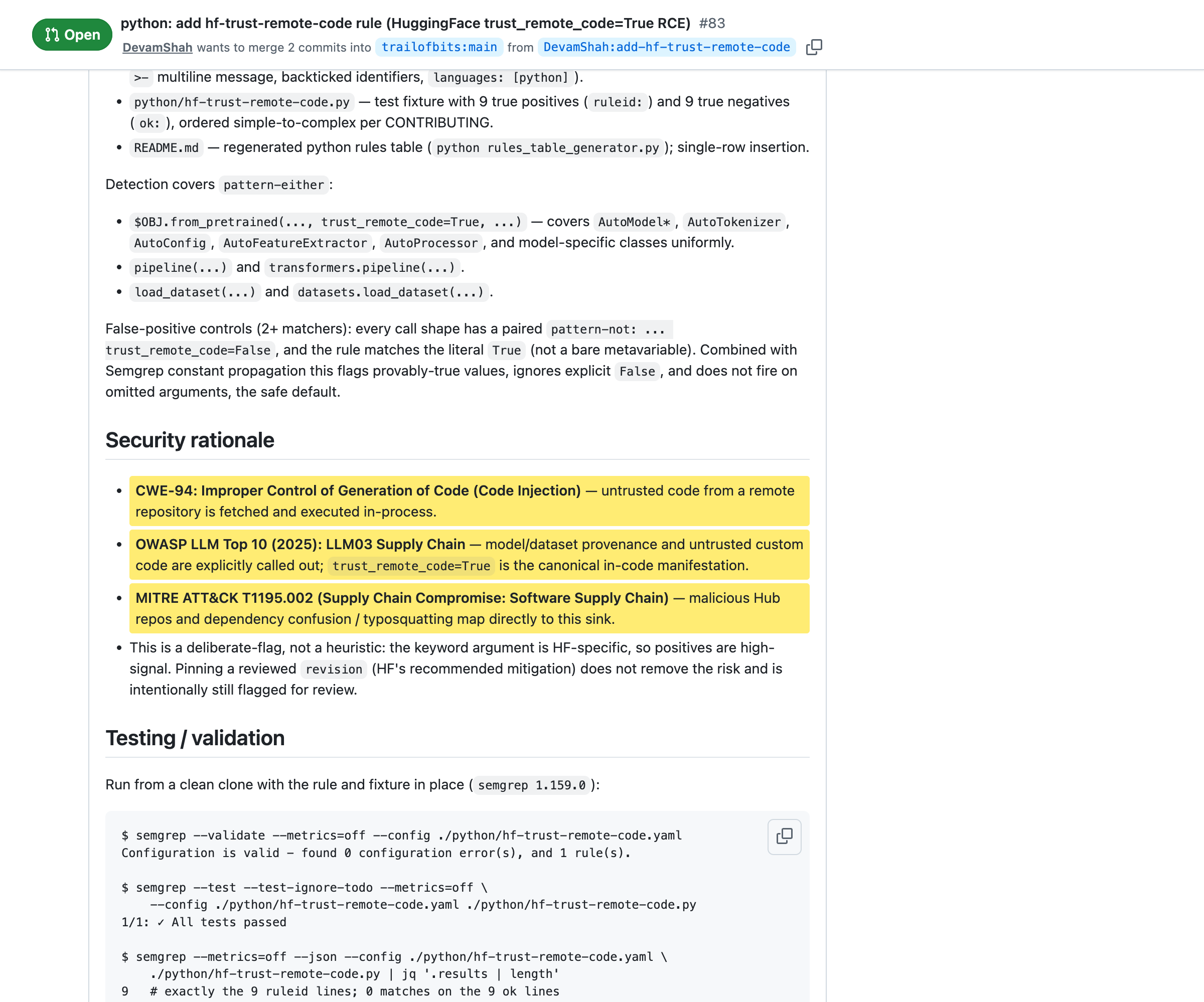 Semgrep rule của Trail of Bits: phân loại trust_remote_code=True là CWE-94 Code Injection, OWASP LLM03 Supply Chain, MITRE ATT&CK T1195.002