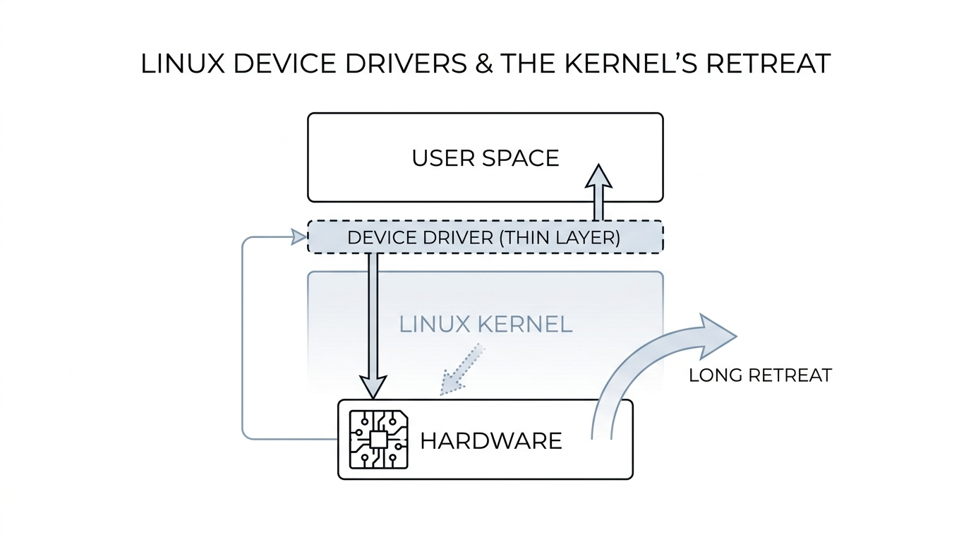 Device driver Linux: lớp dịch giữa user space và phần cứng, và cuộc rút lui 20 năm của kernel khỏi việc viết driver
