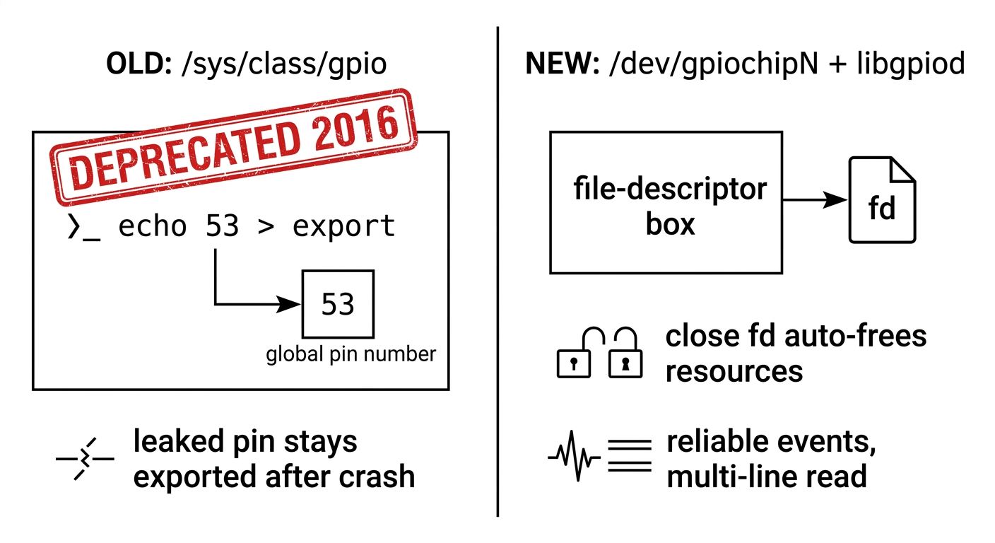 So sánh GPIO từ user space: cách cũ /sys/class/gpio đã deprecated từ 2016, dùng global pin number và pin bị rò khi process crash; cách mới /dev/gpiochipN + libgpiod gắn tài nguyên vào file descriptor, đóng fd là tự dọn sạch, hỗ trợ event tin cậy