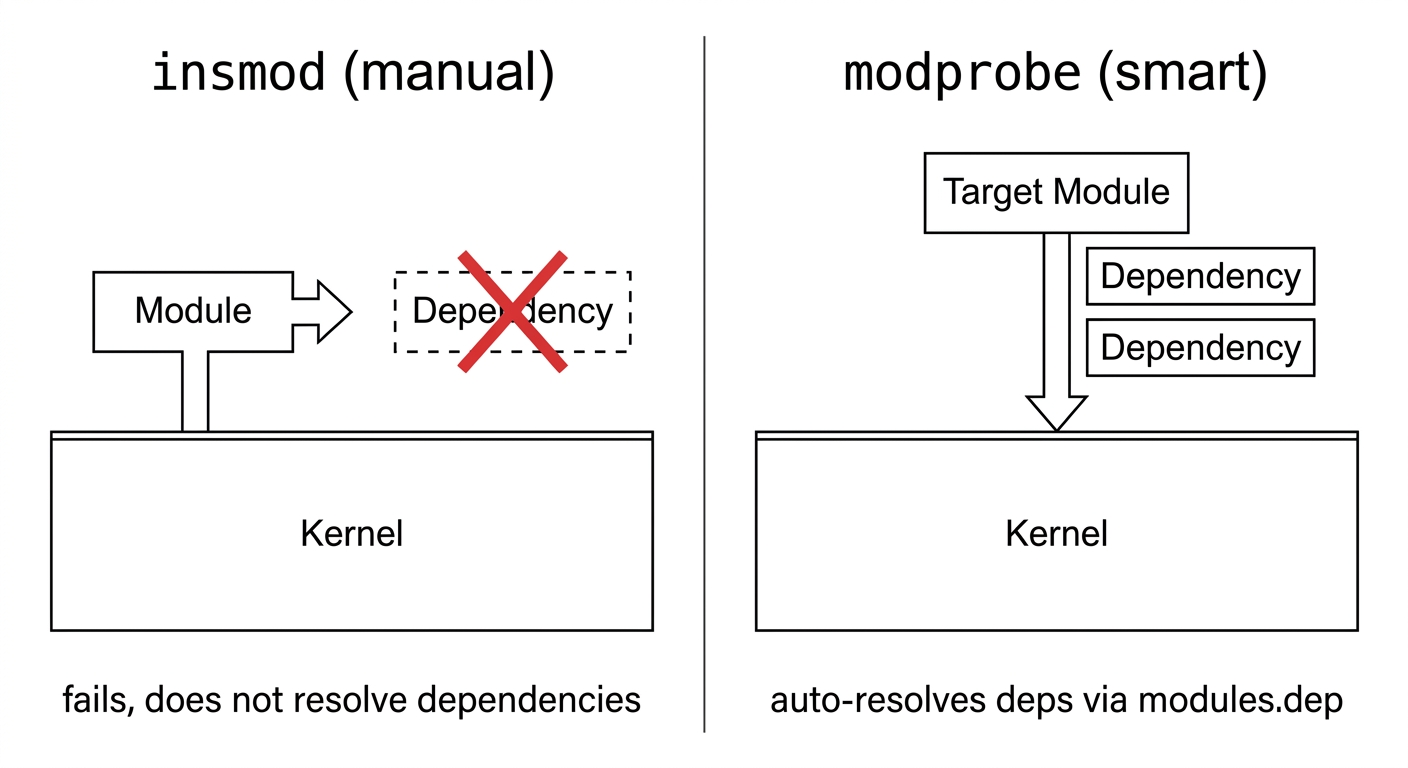 So sánh insmod và modprobe: insmod (thủ công) nạp một module nhưng thất bại nếu thiếu dependency, không tự giải quyết; modprobe (thông minh) tự kéo theo các dependency qua modules.dep