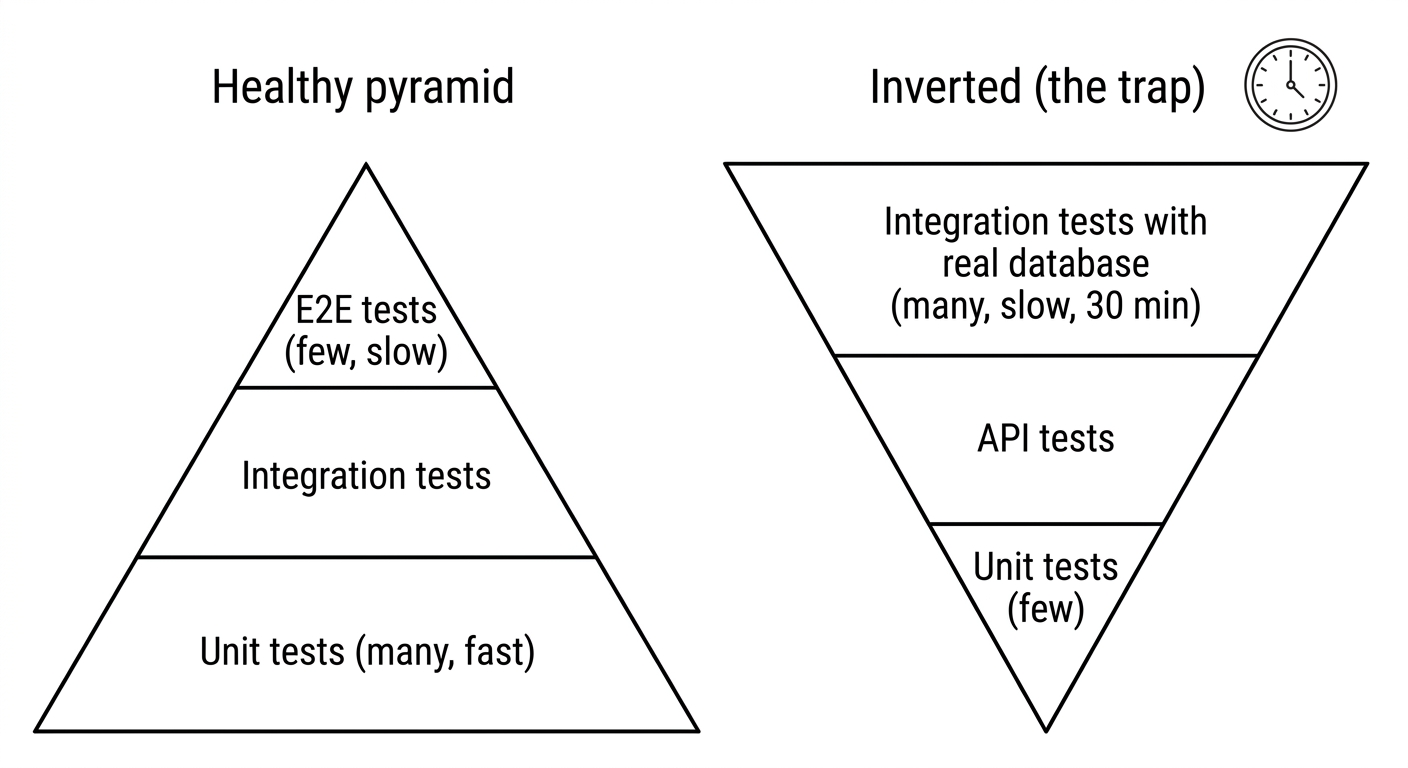 Kim tự tháp test lành mạnh có đáy rộng là unit test nhanh và đỉnh hẹp là E2E chậm, so với kim tự tháp lộn ngược của mình với đáy hẹp ít unit test và đỉnh phình to là integration test cần database thật chạy 30 phút