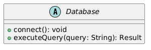 A UML diagram depicting an abstract class named 'Database' with two public methods: 'connect' which returns void, and 'executeQuery' that takes a String as an argument and returns a Result.