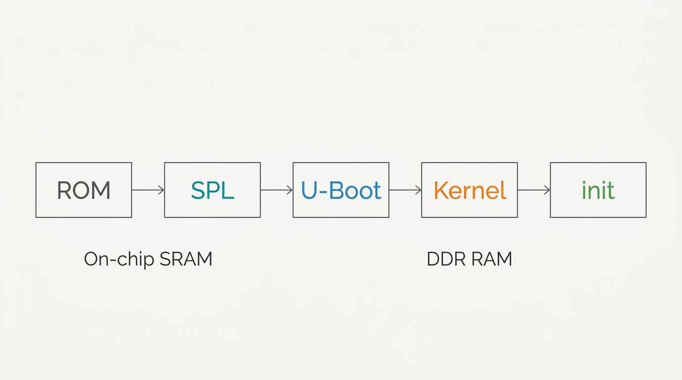 Boot flow diagram từ ROM đến init
