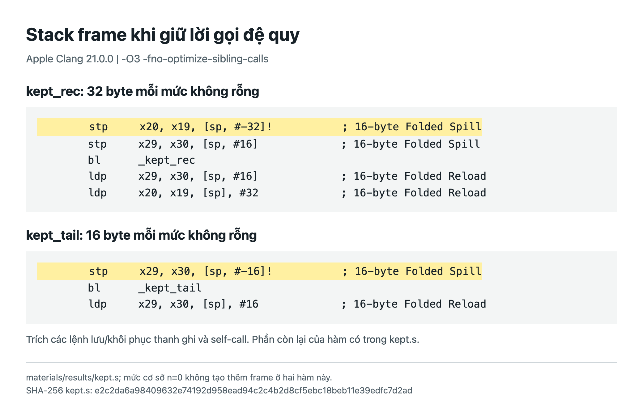 Assembly giữ đệ quy thường giảm stack pointer 32 byte, còn tail recursion giảm 16 byte mỗi mức không rỗng