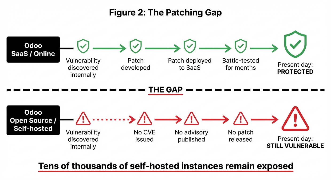 Figure 2: The Patching Gap - SaaS được bảo vệ từ nhiều tháng, Open Source vẫn vulnerable