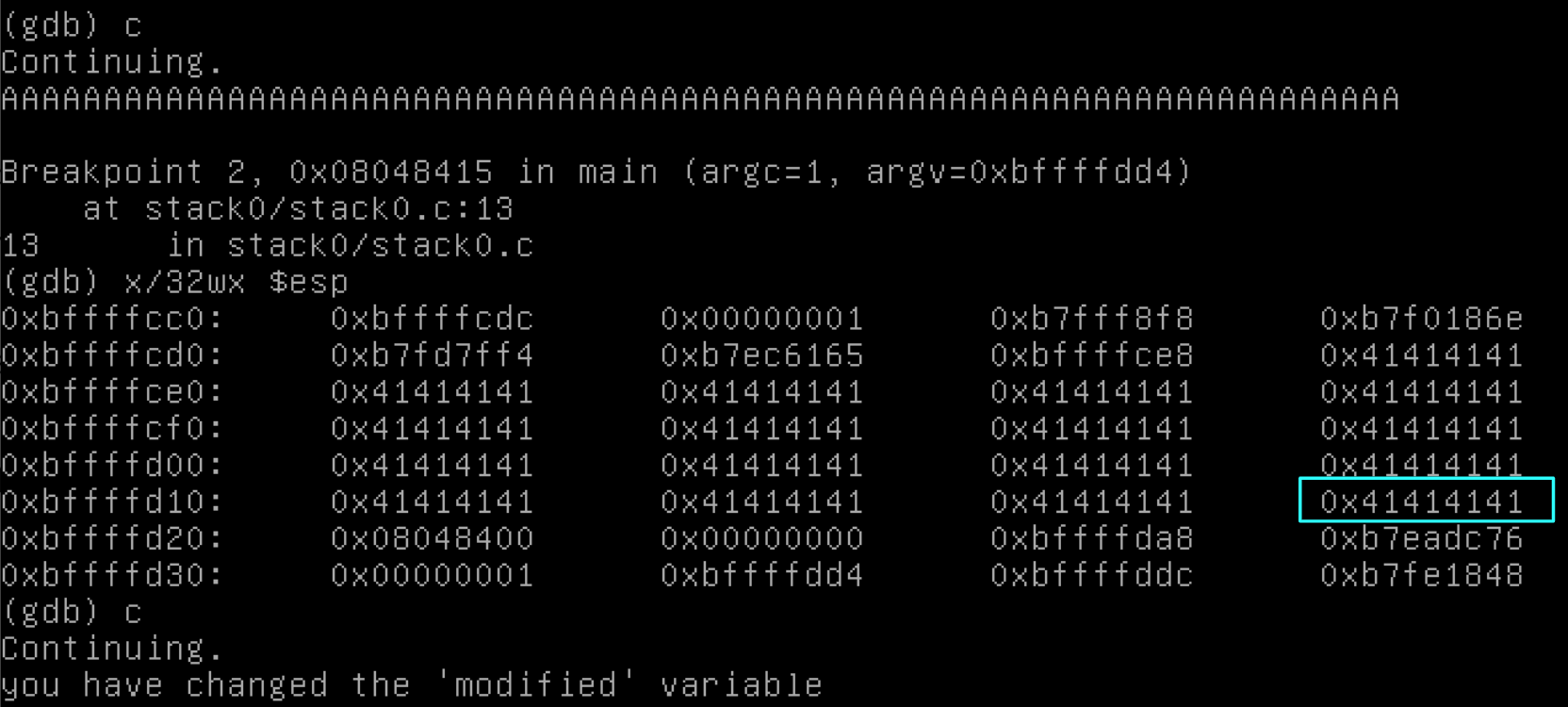 Debugging program with gdb at the second breakpoint, with the 'modified' variable highlighted in blue