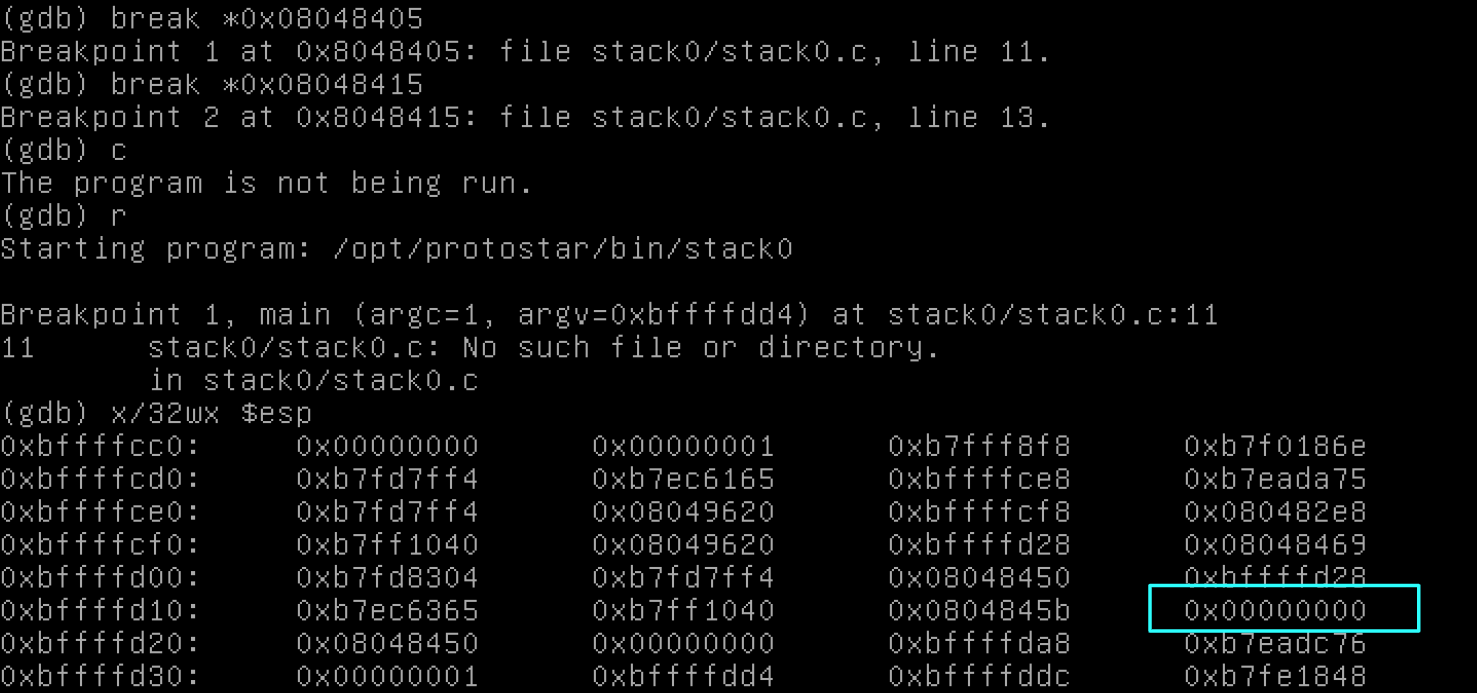Debugging program with gdb at the first breakpoint, with the 'modified' variable highlighted in blue