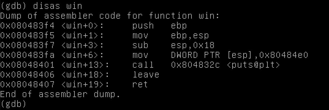 Using gdb to find the address of the "win" function