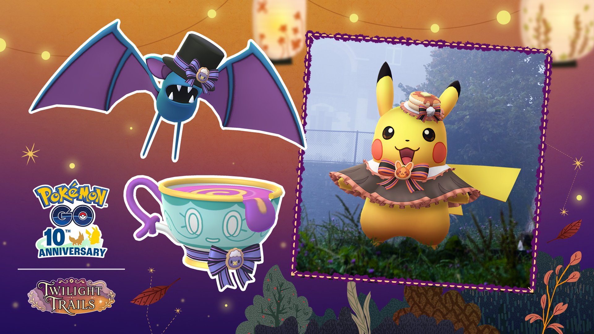 Arte do evento Halloween 2026 Parte I de Pokémon GO, com Pikachu fantasiado de chapéu e capa e um Zubat de cartola