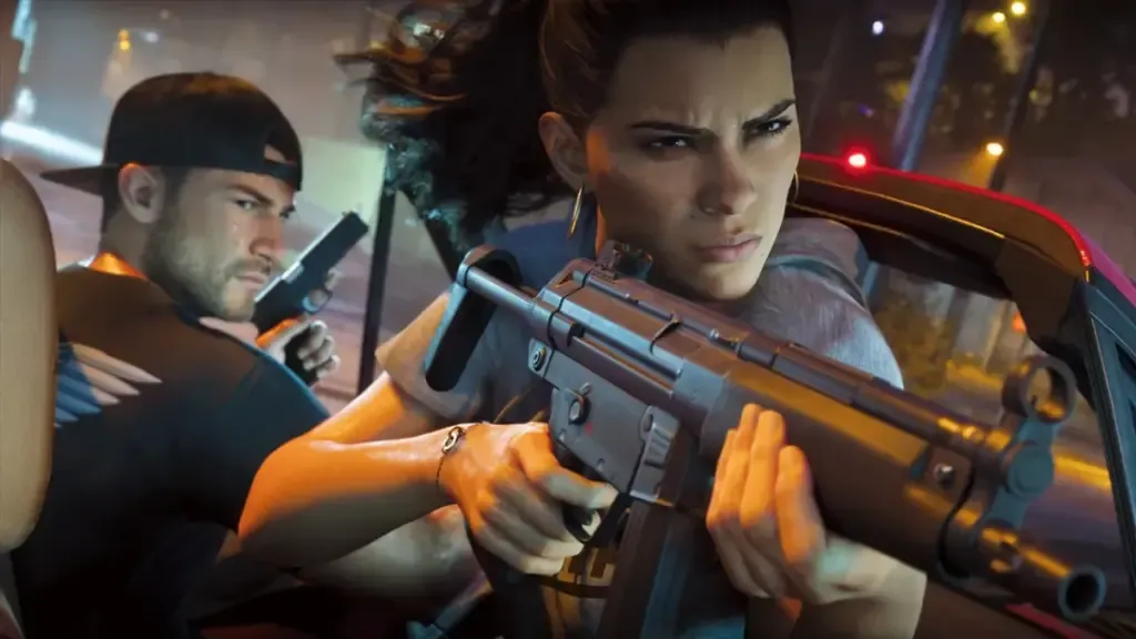 Lucia aponta uma submetralhadora pela janela de um carro, ao lado de Jason armado, em cena de GTA 6