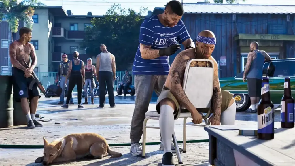 Moradores de um bairro de GTA 6, com um homem tatuando outro sentado e um cachorro no chão