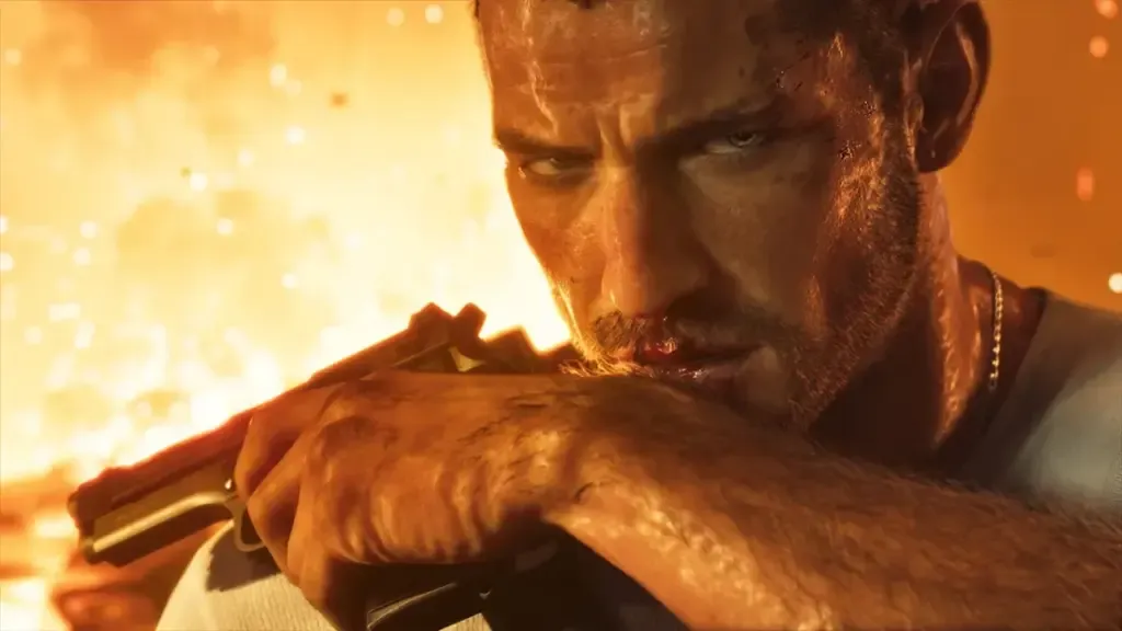 Jason em close, com o rosto sujo e uma arma junto ao queixo, diante de uma explosão em GTA 6