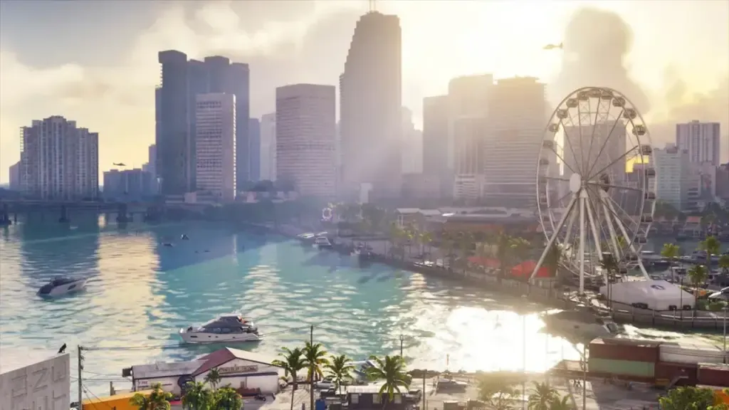 Skyline de Vice City ao amanhecer, com roda-gigante à direita, em imagem de GTA 6 sobre o mapa