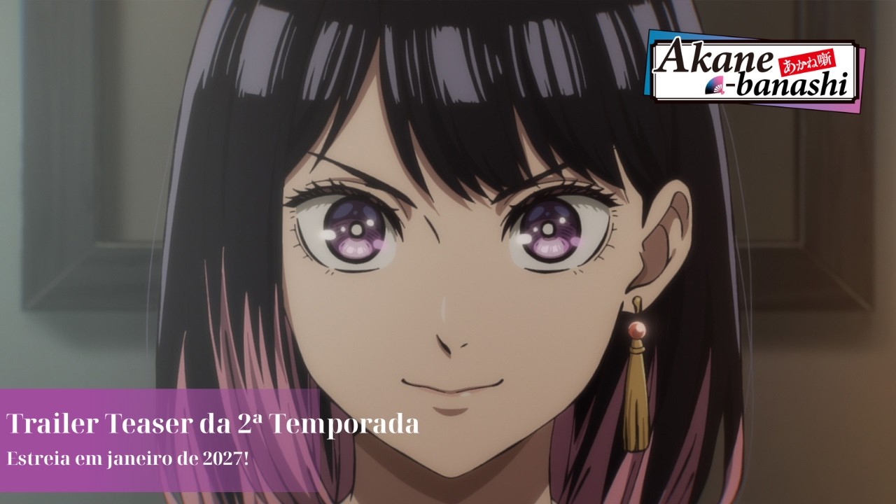 Imagem promocional da segunda temporada de Akane-banashi, com a protagonista em close e a legenda de estreia em janeiro de 2027
