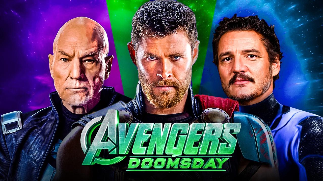 Montagem do The Direct com Patrick Stewart como Professor X, Thor e Pedro Pascal e o logotipo de Avengers: Doomsday