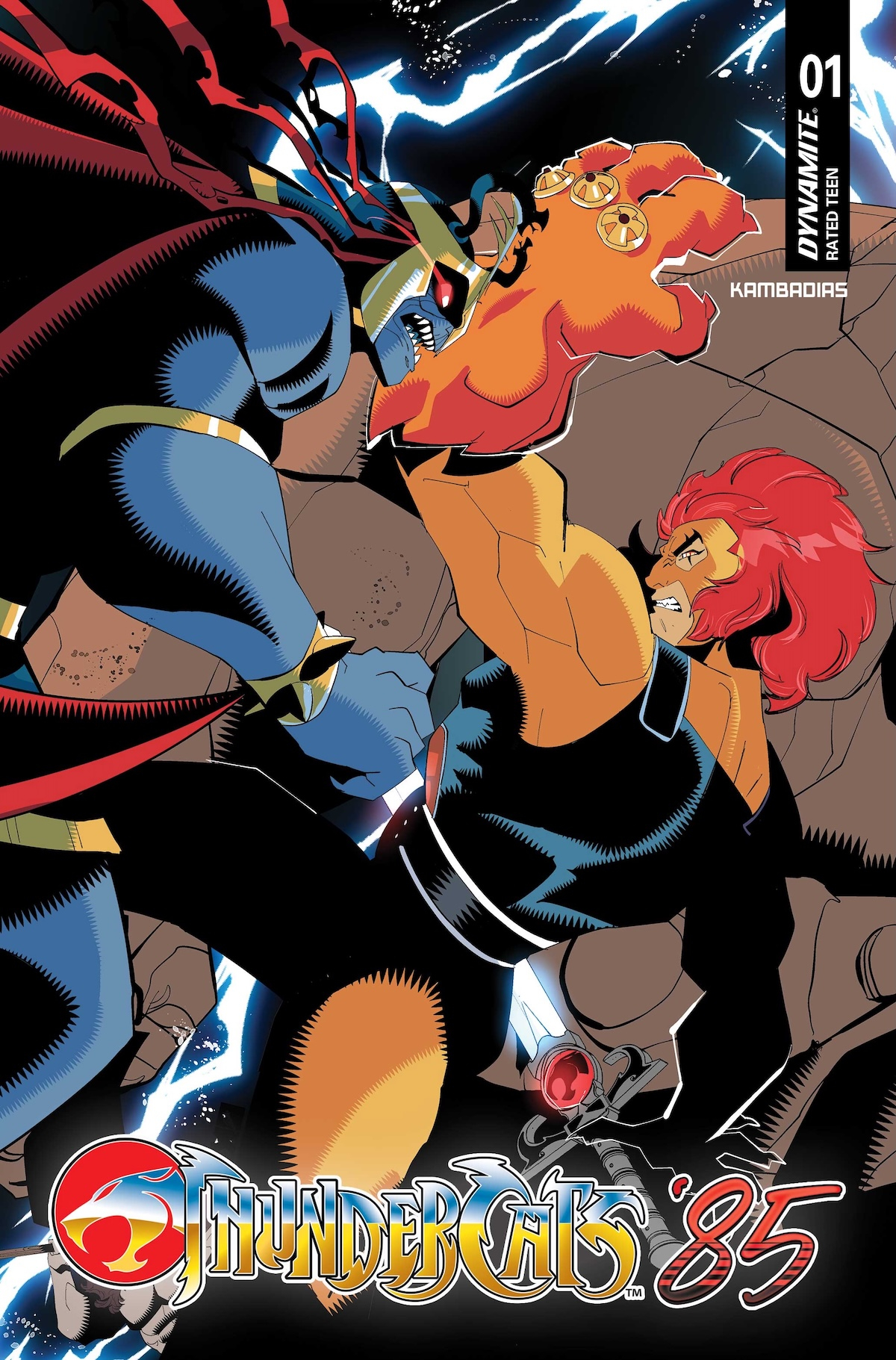Capa de ThunderCats '85 número 1, por George Kambadais, com Leão-O enfrentando Mumm-Ra sob raios e o logotipo da série