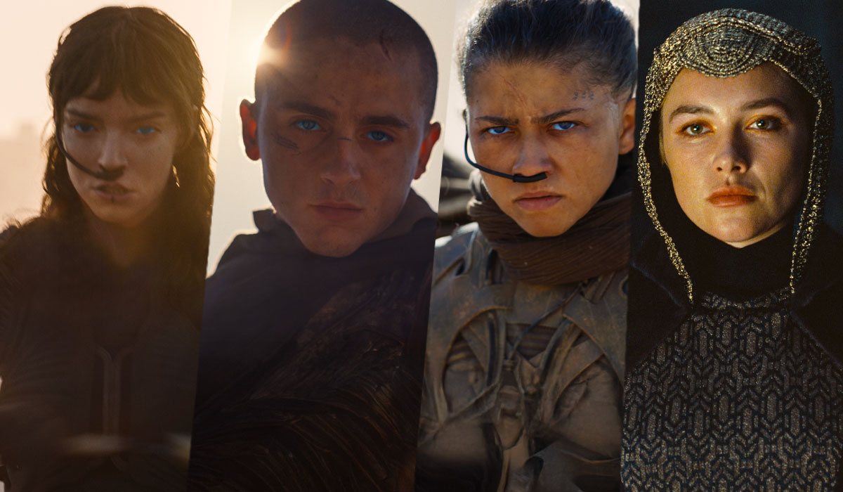 Quatro personagens de Duna: Parte Três em imagem do trailer, com rostos em close sobre fundo de deserto