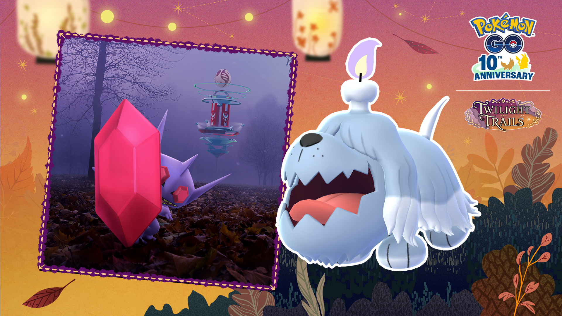 Arte do evento Halloween 2026 Parte II de Pokémon GO, com Greavard ao lado de Sableye e um grande cristal rosa