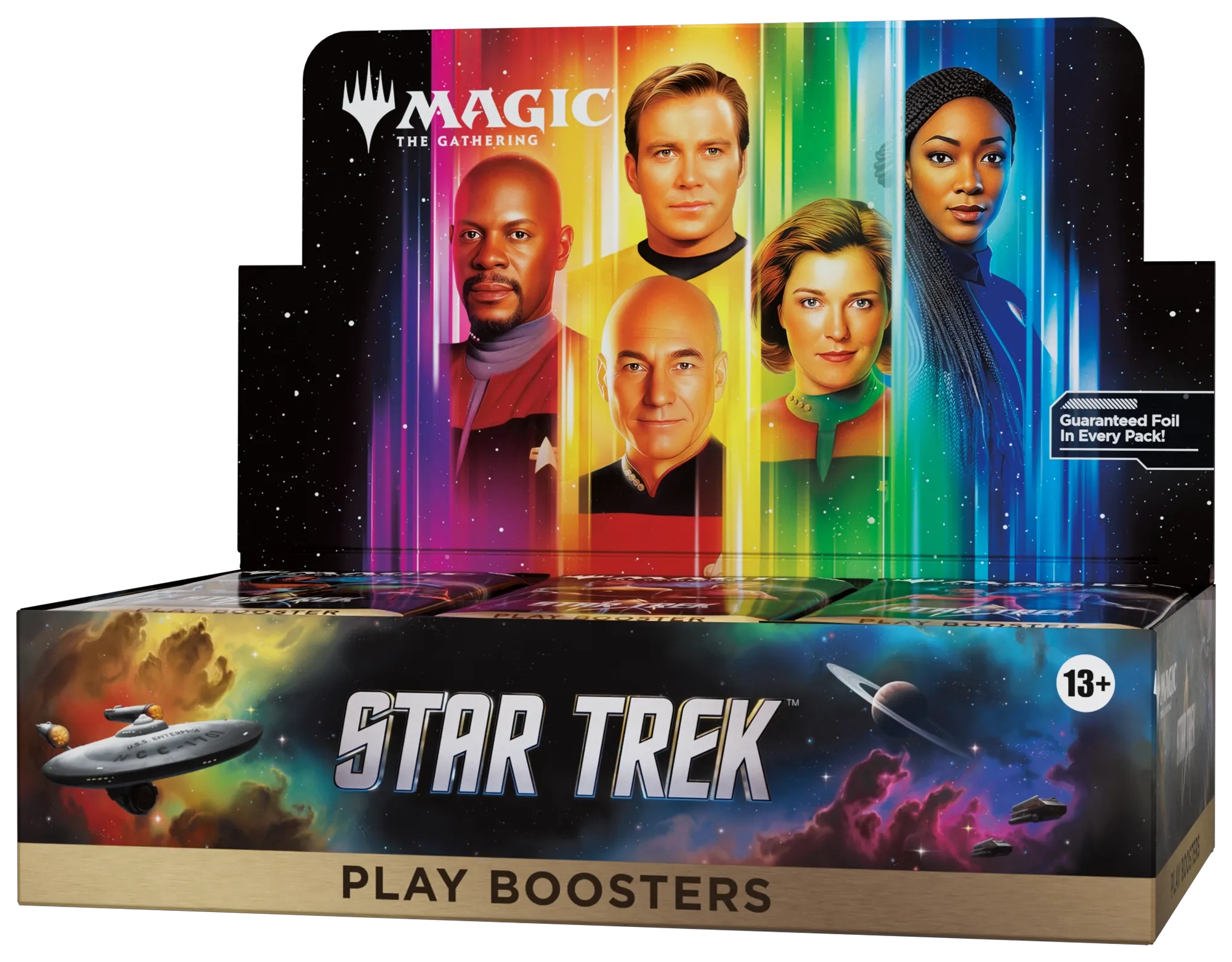 Caixa de Play Boosters de Magic: The Gathering com capitães e personagens de Star Trek e a nave Enterprise ao fundo