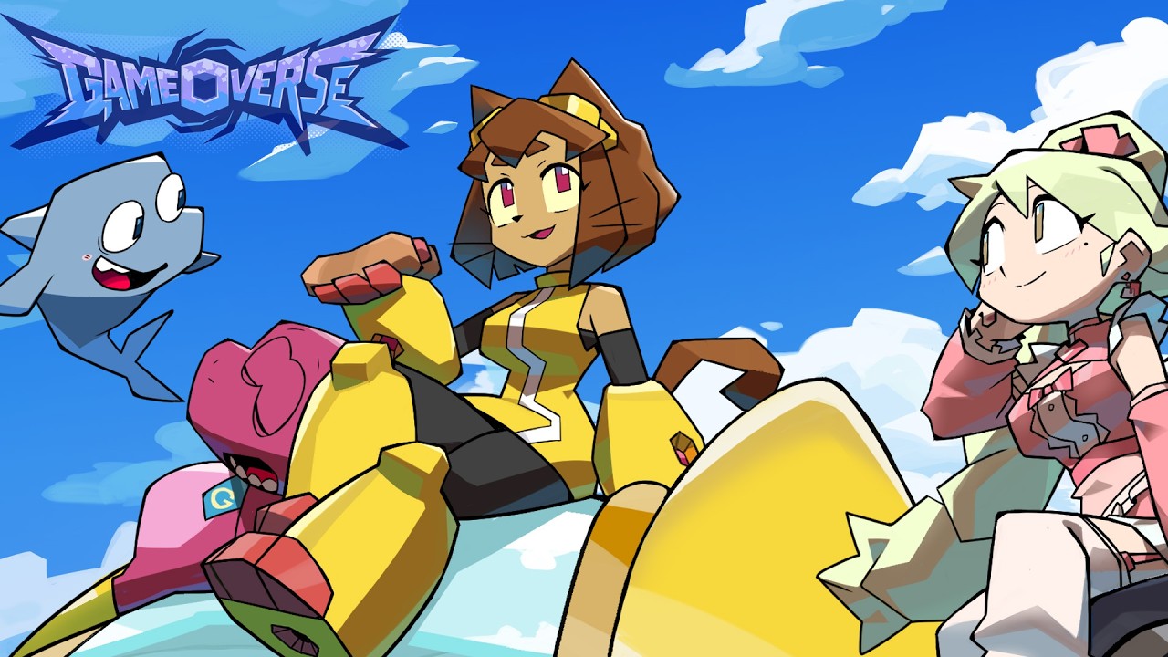 Arte de divulgação de Gameoverse, com a protagonista felina e seus companheiros num cenário de céu azul