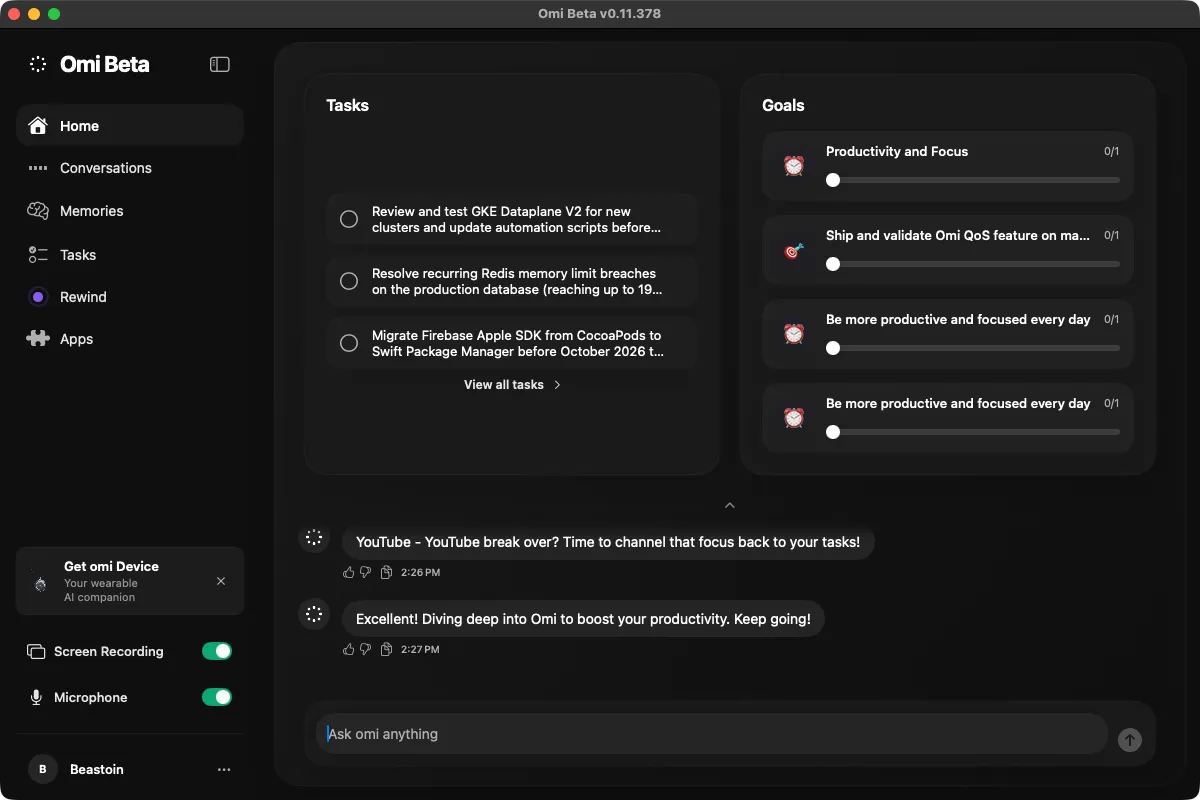 Omi Beta v0.11.378 home