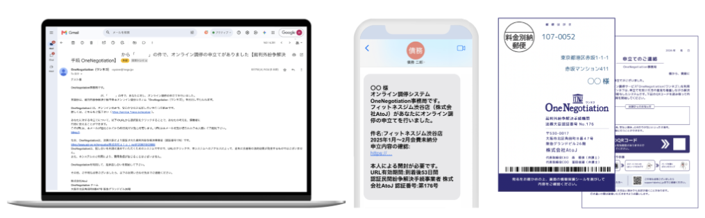 ワンネゴから届く申立てのメール、SMS、ハガキの通知例