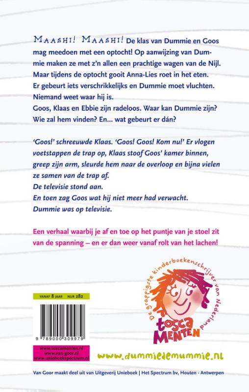 Achterkant van Dummie de mummie en het masker van Sebek-Ra