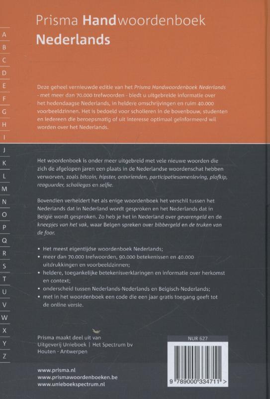 Achterkant van Prisma handwoordenboek Nederlands