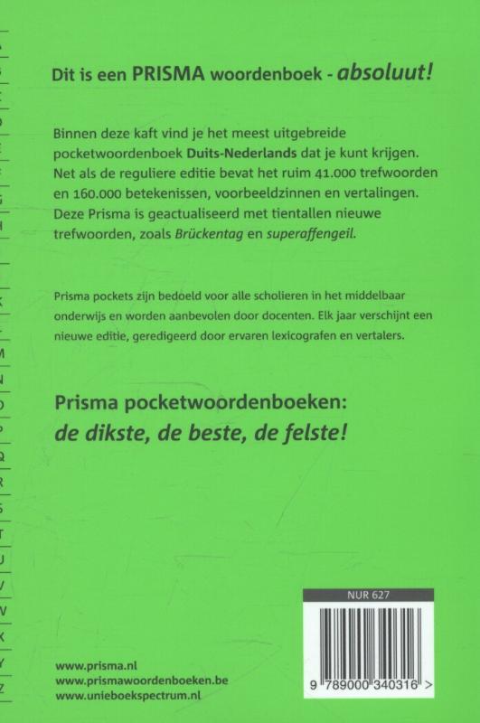 Achterkant van Prisma pocketwoordenboek Duits-Nederlands