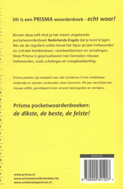 Achterkant van Prisma pocketwoordenboek Nederlands-Engels