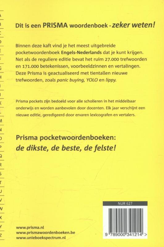 Achterkant van Prisma pocketwoordenboek Engels-Nederlands