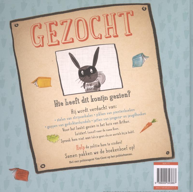 Achterkant van Gezocht: Koen Konijn, boekenboef