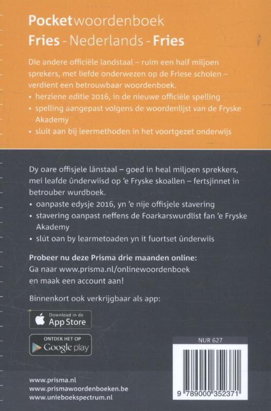 Achterkant van Prisma pocketwoordenboek Fries