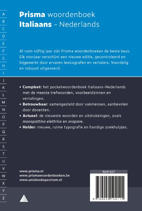 Achterkant van Prisma woordenboek Italiaans-Nederlands