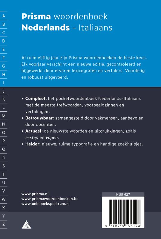 Achterkant van Prisma woordenboek Nederlands-Italiaans