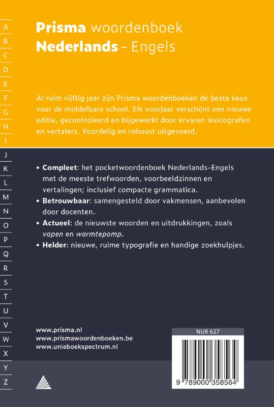 Achterkant van Prisma woordenboek Nederlands-Engels